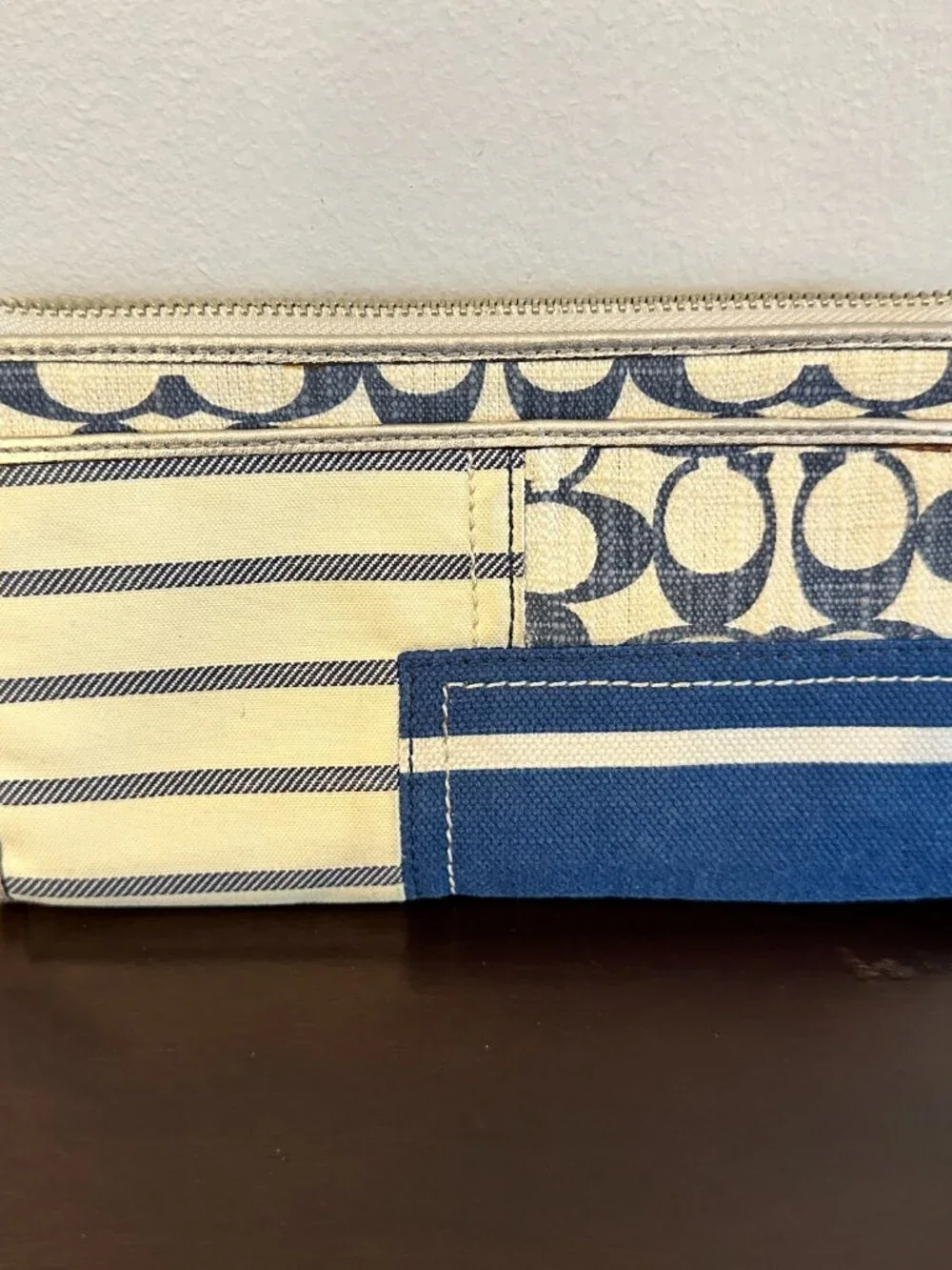 Coach Metallic Silver Leather/Canvas Patchwork Zip Wallet Wristlet Blue White